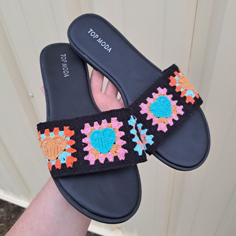 NEW Top Moda Women's Size 10 Crochet Knit Granny Square Slide Sandal Black Shoe